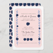 ピンクブルーウォーターカラーバラつる植物コテージ結婚ズ 招待状 (正面/裏面)