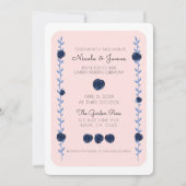 ピンクブルーウォーターカラーバラつる植物コテージ結婚ズ 招待状 (正面)