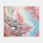 ピンクブルーウォーターカラーファンタジー城 フリースブランケット (正面(横))