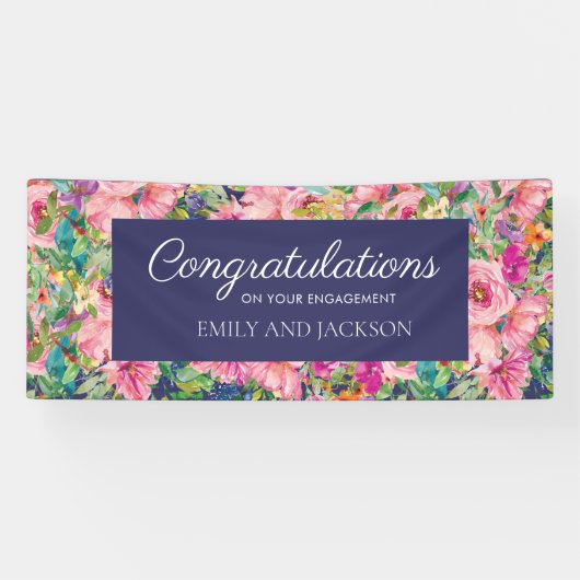 ピンクブルーウォーターカラーフローラ婚約 横断幕 (横)