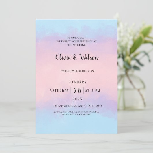 ピンクブルーウォーターカラーミニマル結婚式招待状 招待状 (スタンド正面)