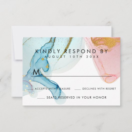 ピンクブルーウォーターカラー金ゴールドウェディングRSVPカード 出欠カード (正面)