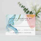 ピンクブルーウォーターカラー金ゴールドウェディングRSVPカード 出欠カード (スタンド正面)
