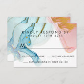 ピンクブルーウォーターカラー金ゴールドウェディングRSVPカード 出欠カード (正面/裏面)