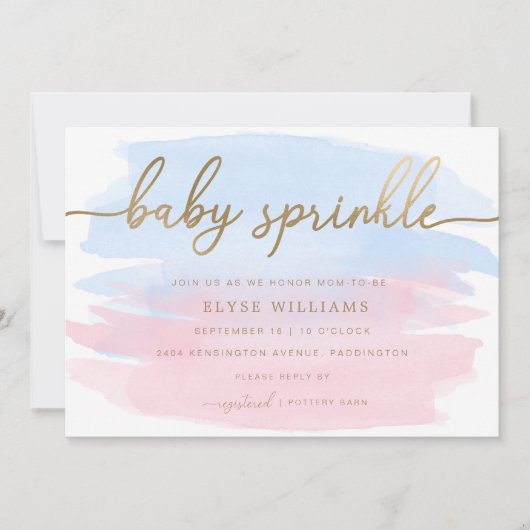 ピンクブルーウォーターカラー金ゴールドベビー散布招待状 招待状 (正面)