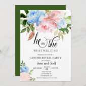 ピンクブルーウォーター色フローラ性別の表示パーティー 招待状 (正面/裏面)