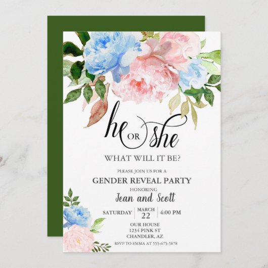 ピンクブルーウォーター色フローラ性別の表示パーティー 招待状 (正面/裏面)