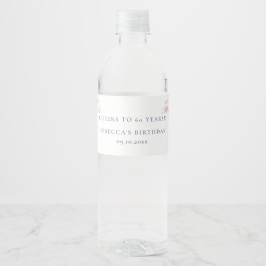 ピンクブルーエレガントフローラスクリプト60誕生日 ペットボトルラベル (正面)