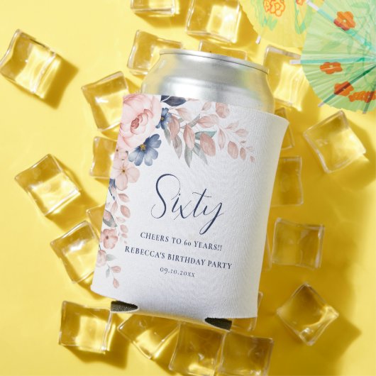 ピンクブルーエレガントフローラスクリプト60誕生日 缶クーラー (インサイチュ 夏)