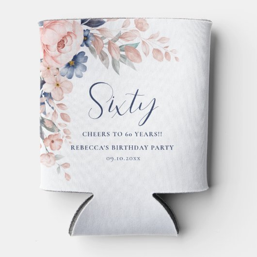 ピンクブルーエレガントフローラスクリプト60誕生日 缶クーラー (正面)