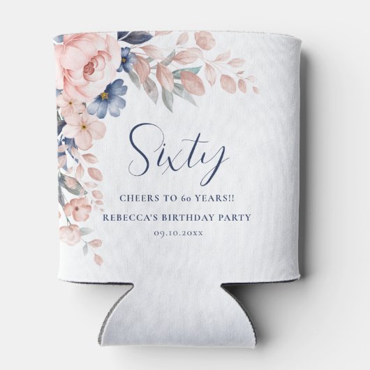 ピンクブルーエレガントフローラスクリプト60誕生日 缶クーラー (裏面)