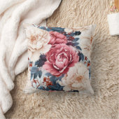 ピンクブルーエレガントフローラバラパターン クッション (ブランケット)