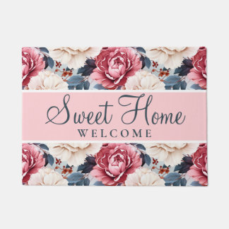 ピンクブルーエレガントフローラルパターン赤面 ドアマット