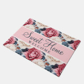 ピンクブルーエレガントフローラルパターン赤面 ドアマット (アングル)