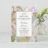 ピンクブルーエレガント金ゴールドマーブル誕生日招待状 招待状 (スタンド正面)