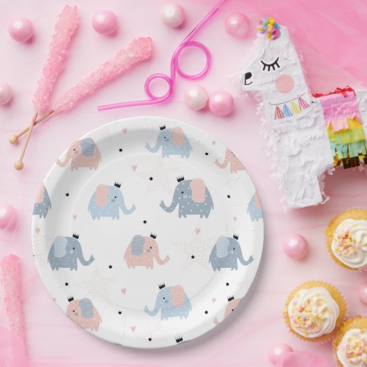 ピンクブルーエレファントクラウンズ女の子の男の子の赤ちゃんシャワー ペーパープレート (パーティー)