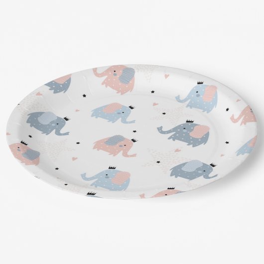 ピンクブルーエレファントクラウンズ女の子の男の子の赤ちゃんシャワー ペーパープレート (アングル)