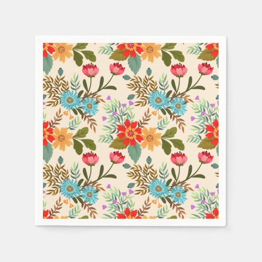 ピンクブルーオレンジ離れフローラパターンパーティー スタンダードカクテルナプキン (正面)