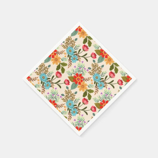 ピンクブルーオレンジ離れフローラパターンパーティー スタンダードカクテルナプキン (角)