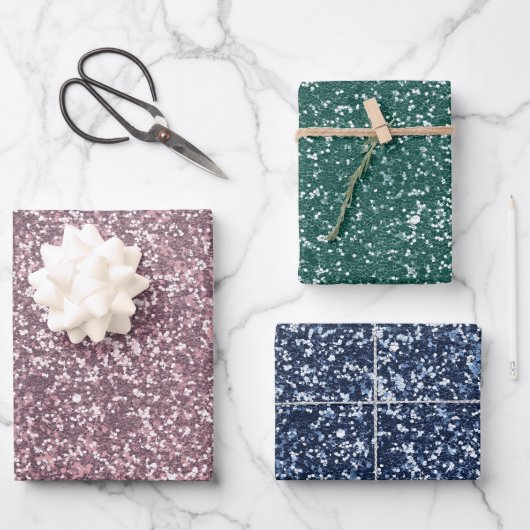 ピンクブルーカラフルグリーンホリデースパークルズ ラッピングペーパーシート (正面)