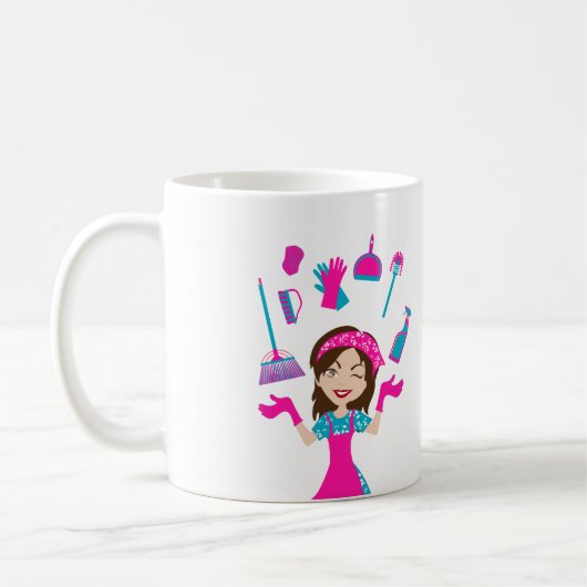 ピンクブルーカラーのキャラクターハウスクリーニングサービス コーヒーマグカップ (左)
