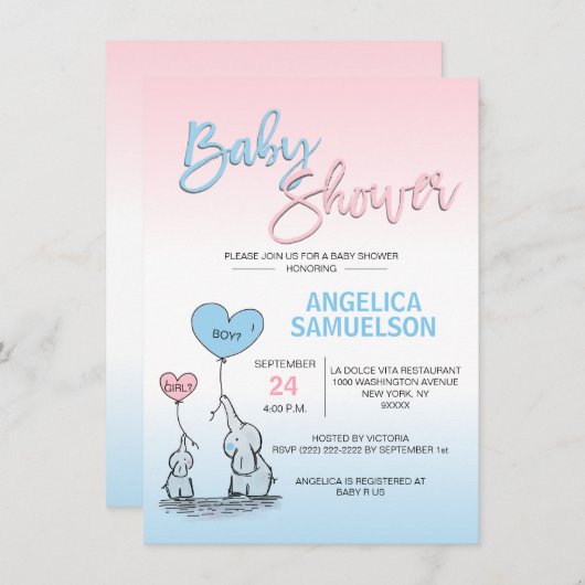 ピンクブルーガールまたはボーイニュートラル象の赤ちゃんシャワー 招待状 (正面/裏面)