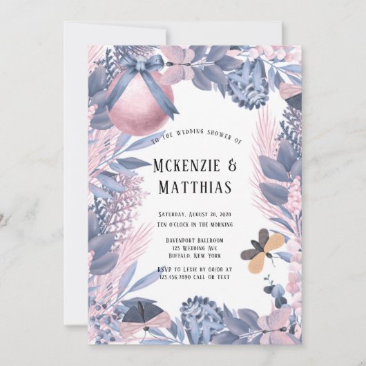 ピンクブルークリスマスフローラウェディングシャワー 招待状 (正面)