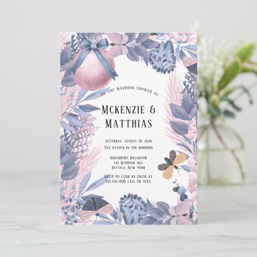 ピンクブルークリスマスフローラウェディングシャワー 招待状 (スタンド正面)