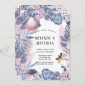 ピンクブルークリスマスフローラウェディングシャワー 招待状 (正面/裏面)