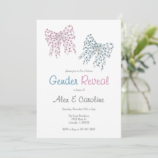 ピンクブルークリスマス弓ジェンダー表示パーティー 招待状