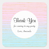ピンクブルーグラデーションと金ゴールドラインパーティーありがとう スクエアシール (正面)