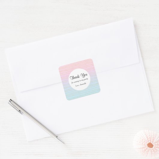 ピンクブルーグラデーションと金ゴールドラインパーティーありがとう スクエアシール (封筒)