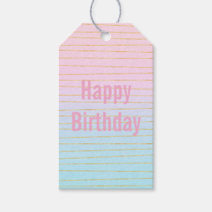 ピンクブルーグラデーションと金ゴールドライン誕生日 ギフトタグ