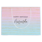 ピンクブルーグラデーションと金ゴールドライン誕生日 ラージペーパーバッグ (正面)