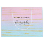 ピンクブルーグラデーションと金ゴールドライン誕生日 ラージペーパーバッグ (裏面)
