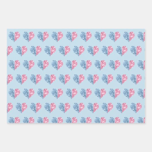 ピンクブルーグラデーショングリッターハートベビー性別の表示 ラッピングペーパーシート (正面3)
