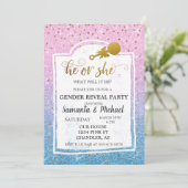 ピンクブルーグラデーショングリッター金ゴールド性別パーティー表示 招待状 (スタンド正面)