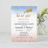 ピンクブルーグラデーショングリッター金ゴールド性別パーティー表示 招待状 (スタンド正面)