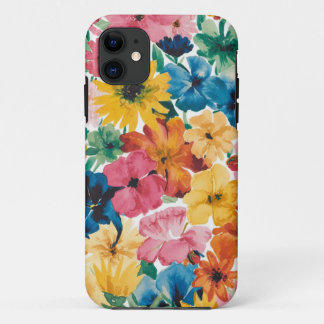 ピンクブルーグリーンイエローオレンジフラワーアートパターン iPhone 11 ケース