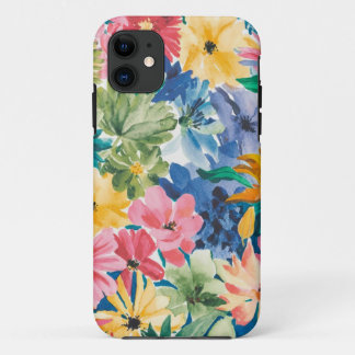 ピンクブルーグリーンイエローオレンジフラワーアートパターン iPhone 11 ケース