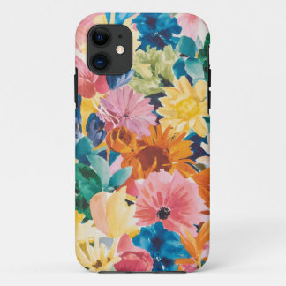 ピンクブルーグリーンイエローオレンジフラワーアートパターン iPhone 11 ケース