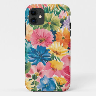 ピンクブルーグリーンイエローオレンジフラワーアートパターン iPhone 11 ケース