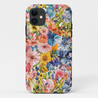 ピンクブルーグリーンイエローオレンジフラワーアートパターン iPhone 11 ケース