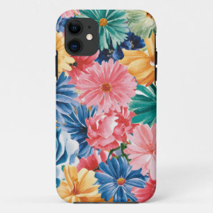 ピンクブルーグリーンイエローオレンジフラワーアートパターン iPhone 11 ケース