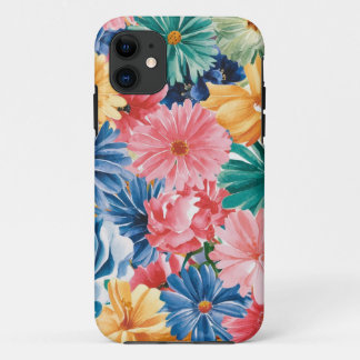 ピンクブルーグリーンイエローオレンジフラワーアートパターン iPhone 11 ケース