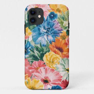 ピンクブルーグリーンイエローオレンジフラワーアートパターン iPhone 11 ケース
