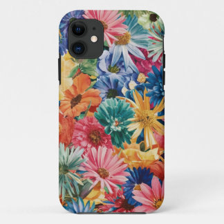 ピンクブルーグリーンイエローオレンジフラワーアートパターン iPhone 11 ケース