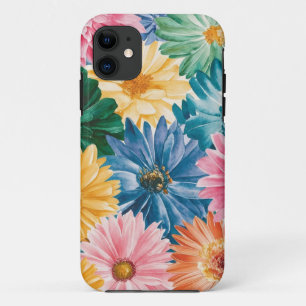 ピンクブルーグリーンイエローオレンジフラワーアートパターン iPhone 11 ケース