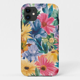 ピンクブルーグリーンイエローオレンジフラワーアートパターン iPhone 11 ケース