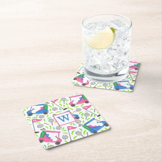 ピンクブルーグリーンゴルフ名門私立校風のイニシャル スクエアペーパーコースター (インサイチュ)